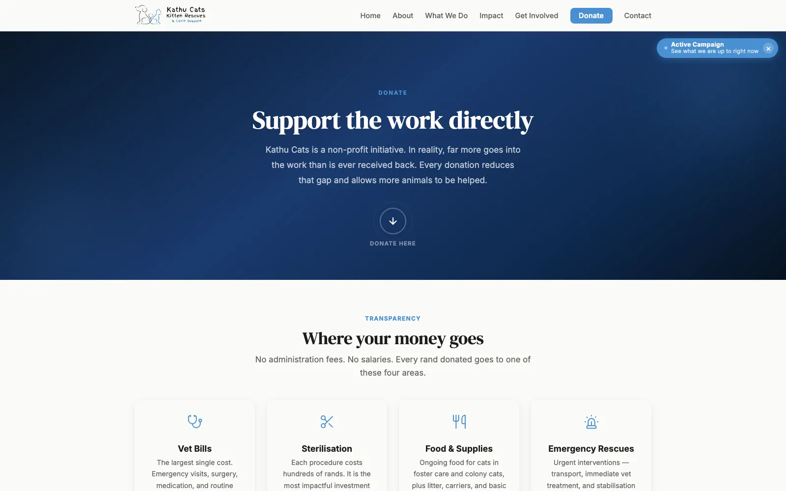 The donation page: card via Yoco, or zero-fee EFT