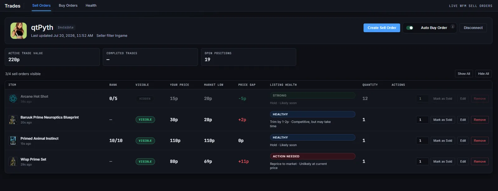 Order management, with live market context beside every listing